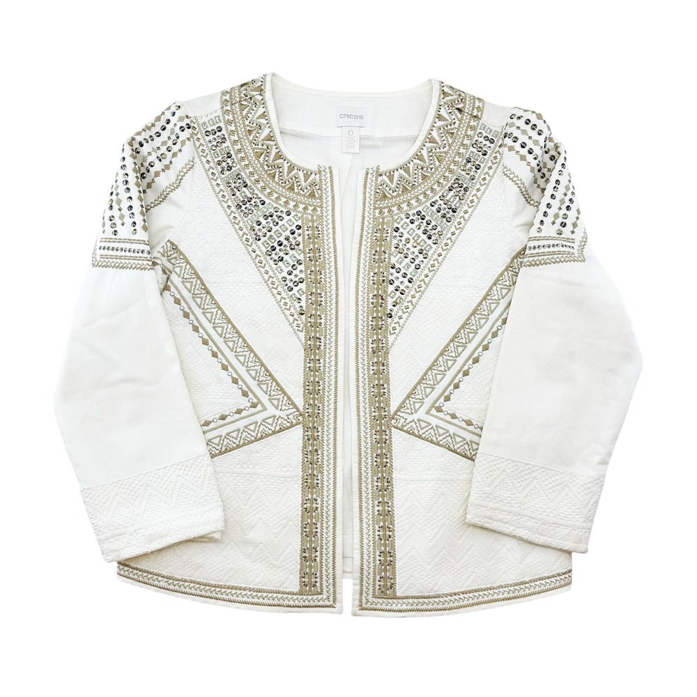 CHICO'S Embroidered Lace Beaded Blazer Jacket • 0 • white tan Aztec chic preppy